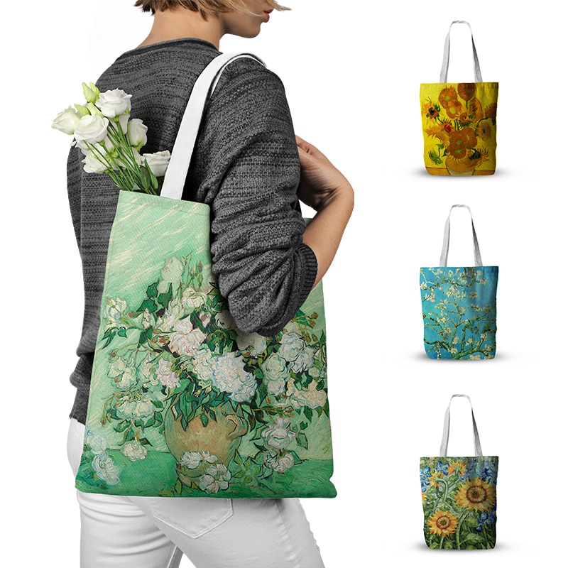 Oil Painting Tote Bag Van Gogh Art Sunflower Iris Canvas Bag Women Casual Shopping Bag Large Capacity Shoulder Bag Girl Handbag