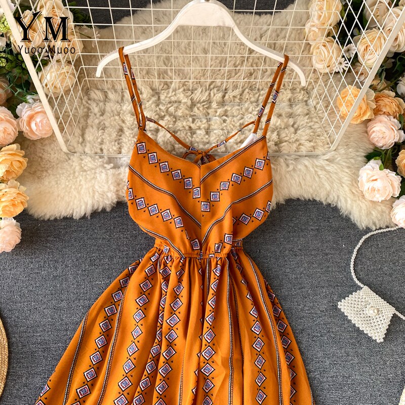 Yuoomuoo Vrouwen Boho Print Jurk Zomer V-hals Backless Bandage Strand Chiffon Jurk Vrouwen Mode A-lijn Jurk Zonnejurk