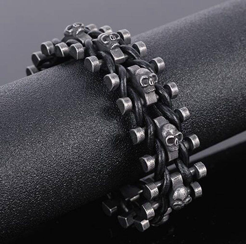 Zwarte Schedel Mannen Armband Voor Mannen Punk Rock Ketting Lederen Armbanden Hip-Hop Armband
