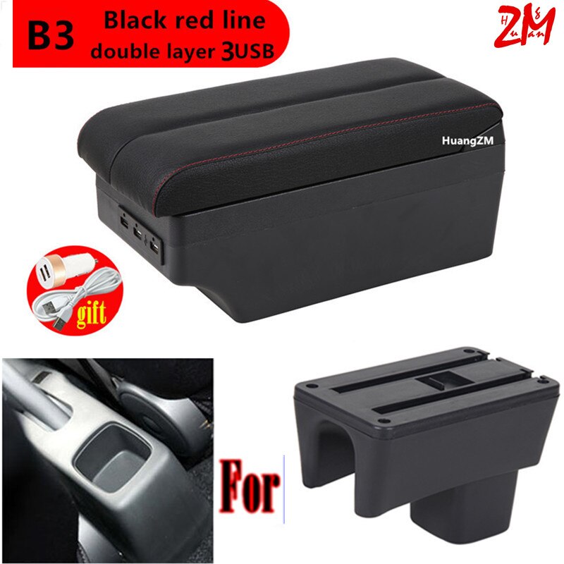 For Suzuki Swift Armrest Box For Suzuki Swift Car Armrest 2005-2022 car accessories interior storage Box Retrofit parts with USB: B3 black red line