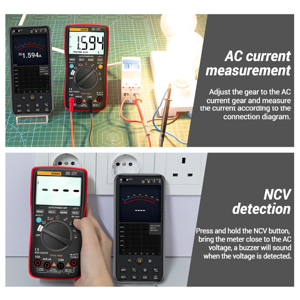 AN9002 Home 6000 Counts Tester Smart True Rms Auto-Range Battery Powered APP Bluetooth Digital Multimeter Portable