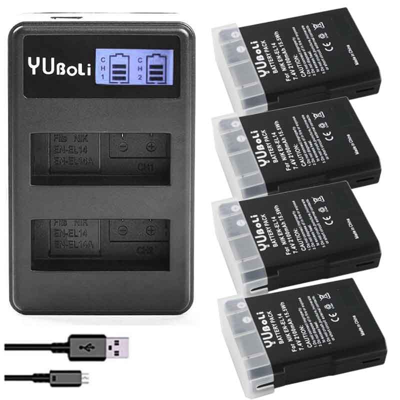 Paquete de baterías EL 14 ENEL 14 EN-EL14A EN EL14 EL14A EL14 + para Nikon D5200 D3100 D3200 D5100 P7000 P7100: charger and 4battery