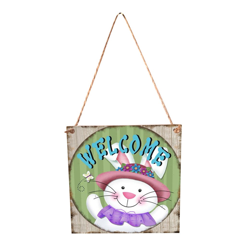 Happy Easter Welcome Decorative plaque Wooden Easter Sign Hanging Plaques Chick Rabbit Pattern Board Wall Door Decor Sign F1216: C