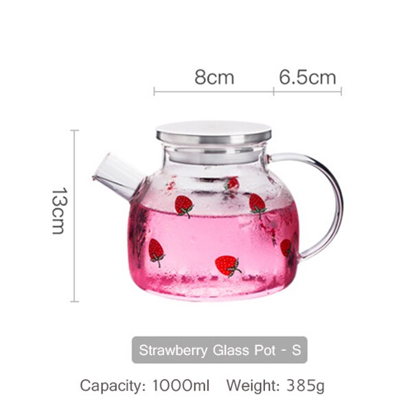 Olla de agua fría de cristal de fresa Kawaii, tetera de zumo de fruta de gran capacidad, tetera de cristal resistente al calor para hervir copas lindas de agua: 1000ml