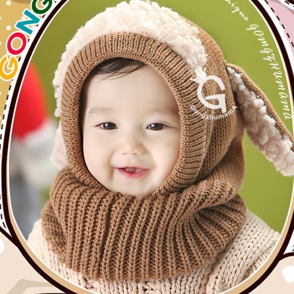 Winter Baby Hat and Scarf Joint With Dog Style Crochet Knitted Caps for Infant Boys Girls Children Kids Neck Warmer: Camel