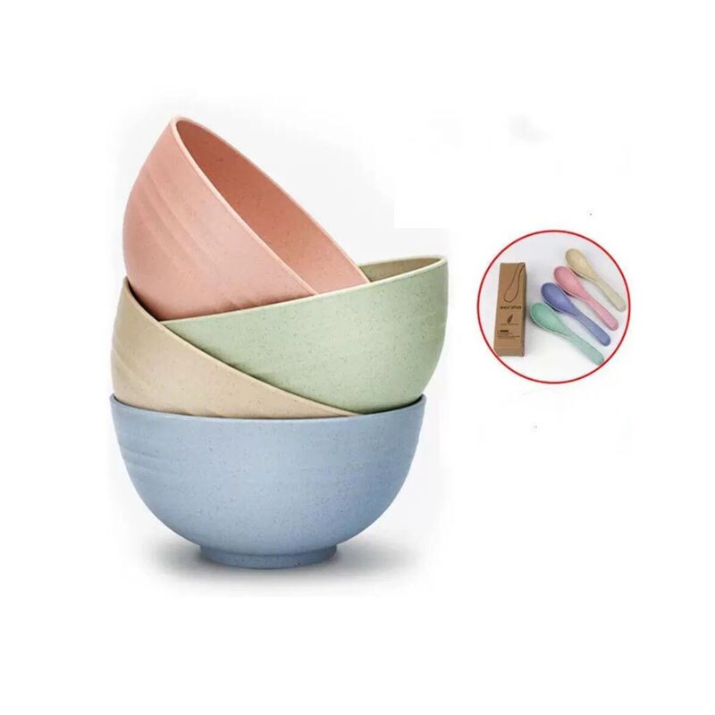 4pcs/Set Wheat Straw Tableware Set Cutlery Baby Children Dishware Simple Dishes Salad Bowl Steak Plate Dinnerware: A11    A2 with 4Sp