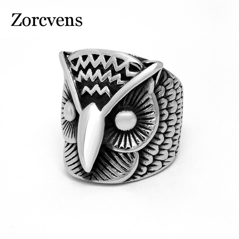 Zorcvens Punk Rock Rvs Uil Ring Voor Mannen Cool Silver-Kleur Retro Sieraden