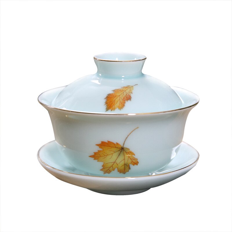 Op Verkoop Chinese Porselein Gaiwan Sancai Cup Kom Met Deksel Coaster Onder Glazuur Leaf Print Keramische Terrine 160Ml