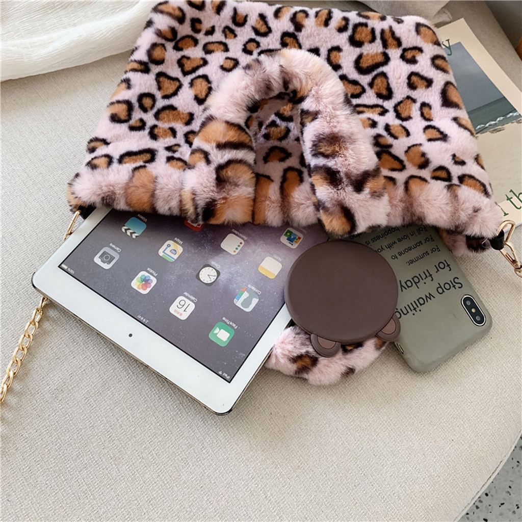 Woman Messenger Bags Chains Leopard Pattern Plush Handbags Autumn Winter Women Cute Fluffy Crossbody Bag