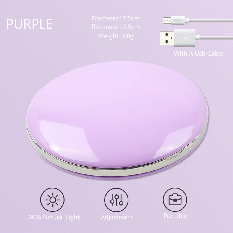 Mini espejo LED portátil luminoso espejo de maquillaje de carga USB con lámpara de maquillaje chica llevar espejo pequeño redondo para mujeres S1: purple