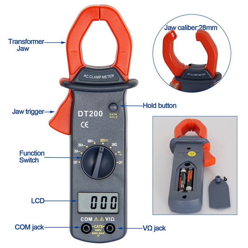 DT200 Multimeter Mini Digital Clamp Meter AC/DC Voltage AC Current 600v True RMS Multimeter Capacitance Electrical Megger Tester: Default Title
