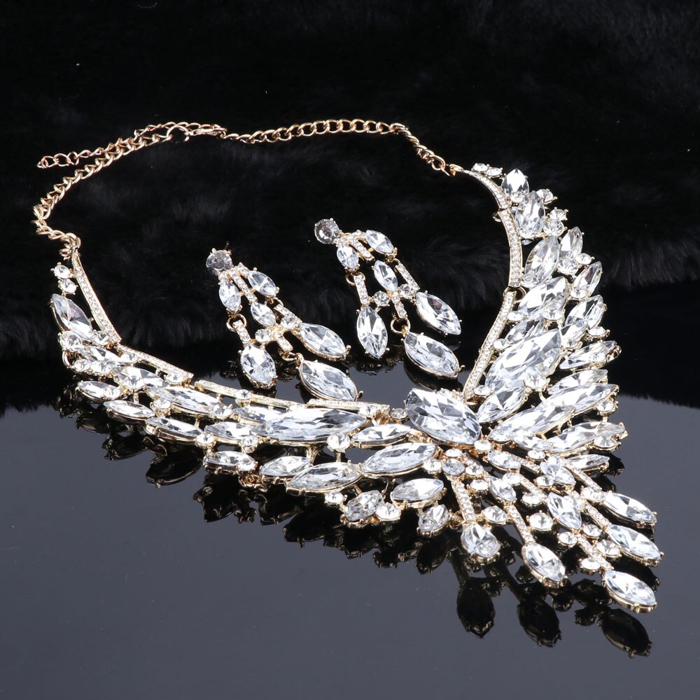 Crystal Bridal Jewelry Sets Wedding Party Costume Accessory Indian Necklace Earrings Set for Bride GorgeousJewellery Sets Women: Pure Gold Color
