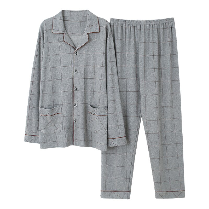 Pijama de algodón puro para Hombre talla grande XXXL, Tops de manga larga, pantalones, gris, a cuadros, para casa