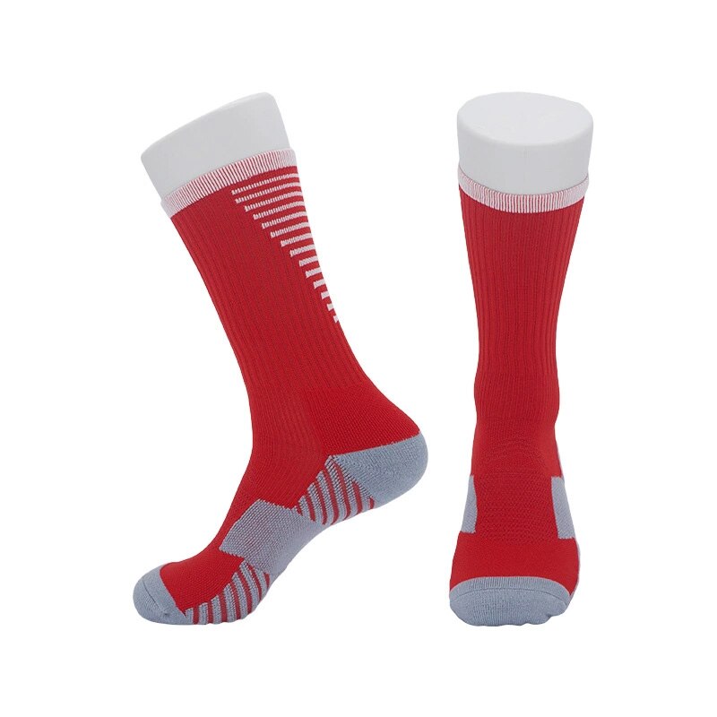 Voksne sportsfodboldsokker mænd kvinder åndbart håndklædebund skridsikker udendørs basketballsokker sort hvid knæhøje sokker: Rød