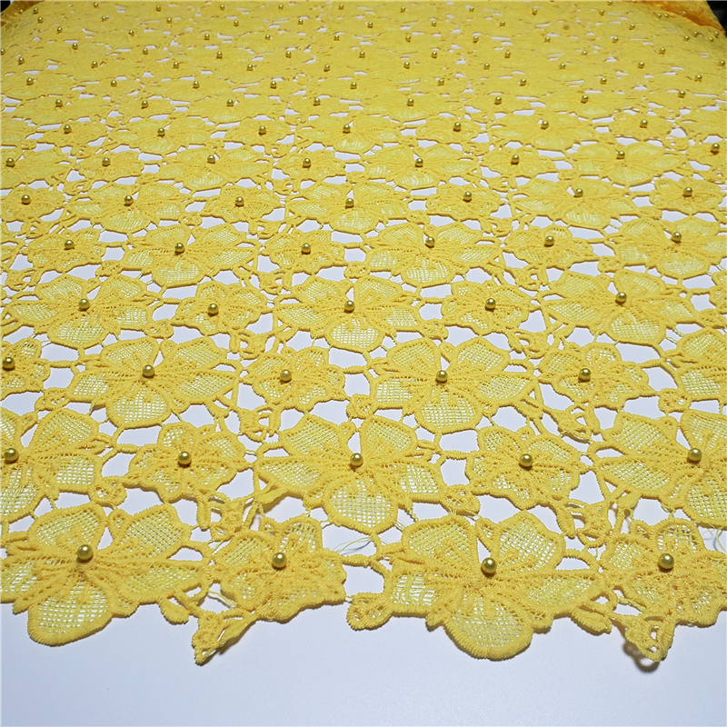 Encaje de guipur para vestido de nigeriano, tejido de cordón bordado africano clásico, muy suave, color amarillo, con cuentas, NN811