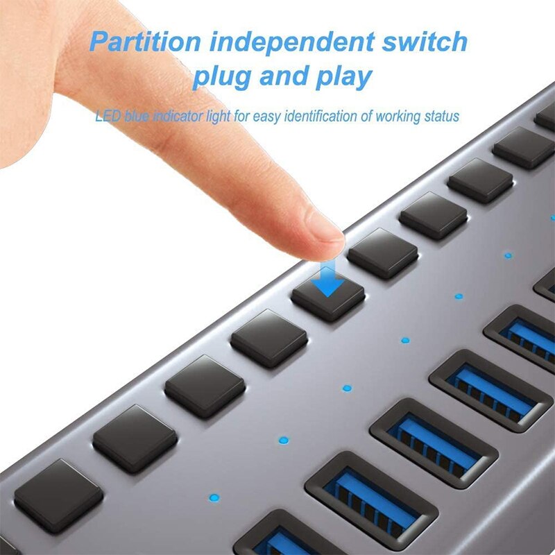 ACASIS Powered USB Hub 10 Ports 90W USB 3.0 Data Hub - with Individual On/Off Switches for PC, Computer,HDD,Flash Drive- US Plug