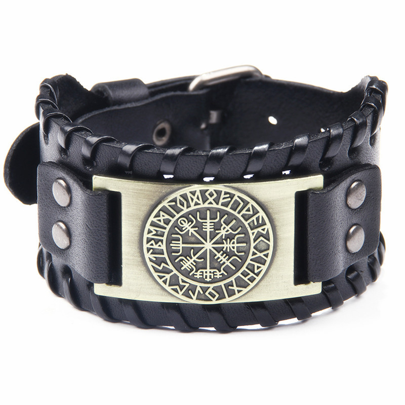 Nordic Vintage Kompas Talisman Viking Armband Punk Lederen Verstelbare Pols Wrap Armband Voor Mannen Boy Biker Sieraden: Gold