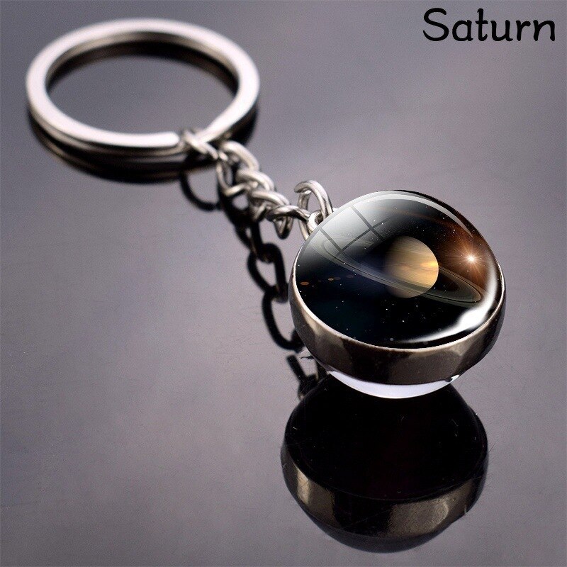 Lua chaveiro sistema solar de metal pingente terra marte saturno duplo-face bola de vidro chaveiro acessórios moda jóias presente: Saturn