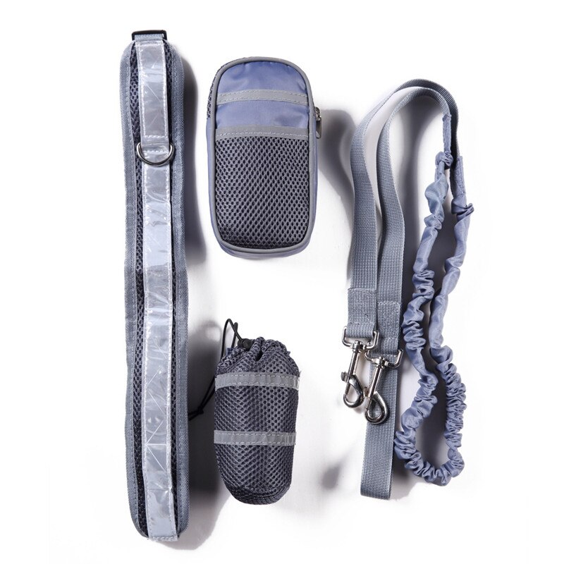 Handsfree Pet Hond Kat Running Jogging Gewatteerde Taille Riem Reflecterende Strip Elastische Leash Perfecte Walking Training Hondenriem Set: Grijs