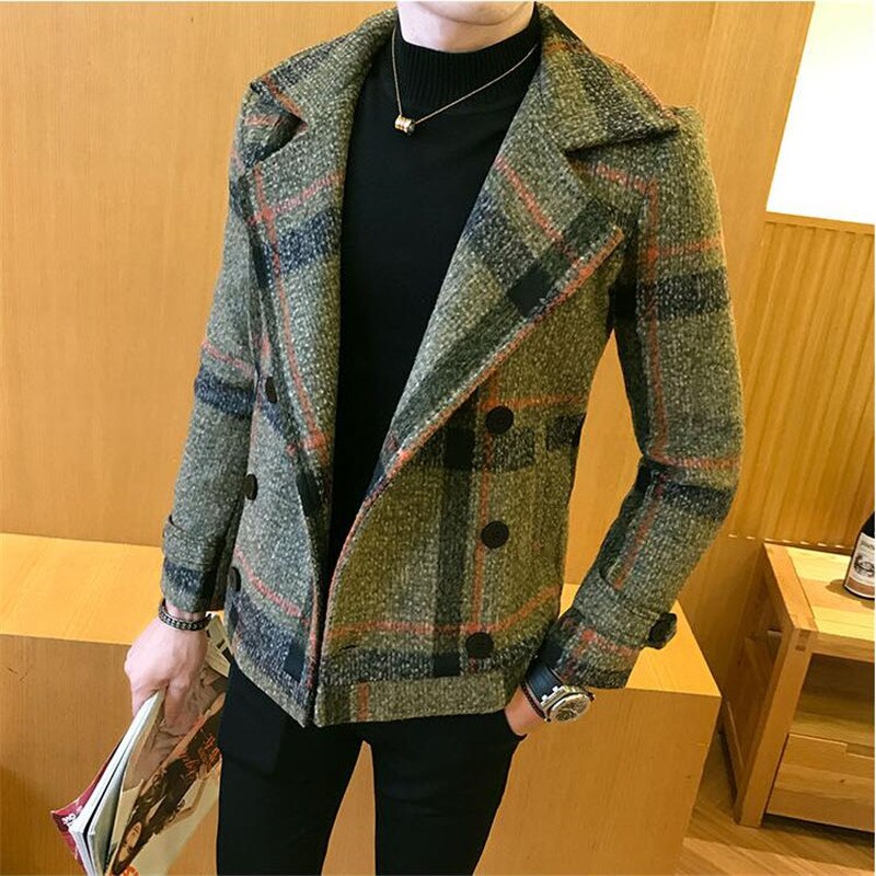 Mannen Wollen Jas Winter Double Breasted Windjack Mode Retro Tartan Jassen Man Slim Fit Korte Jas Geul 5xl: Asia 2XL 66-73kg / Green