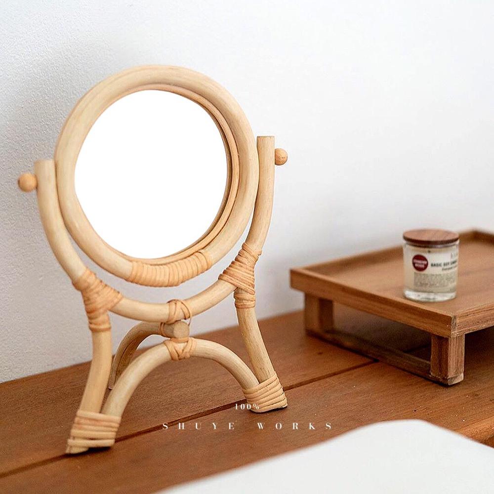 Hand-woven mirror natural rattan dressing table makeup mirror retro desktop vertical flip mirror home decoration