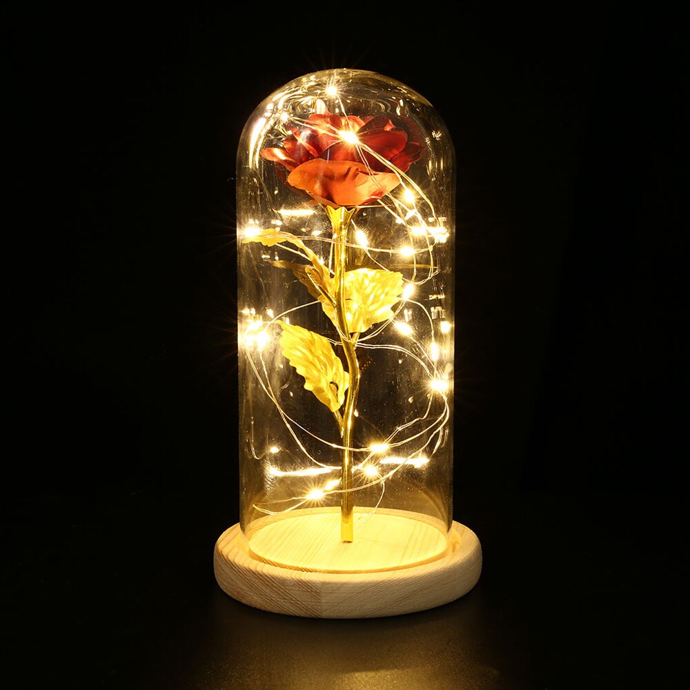 Fødselsdag smuk bevaret rose blomst led lys med glas cover træ base valentinsdag bryllup: Rød