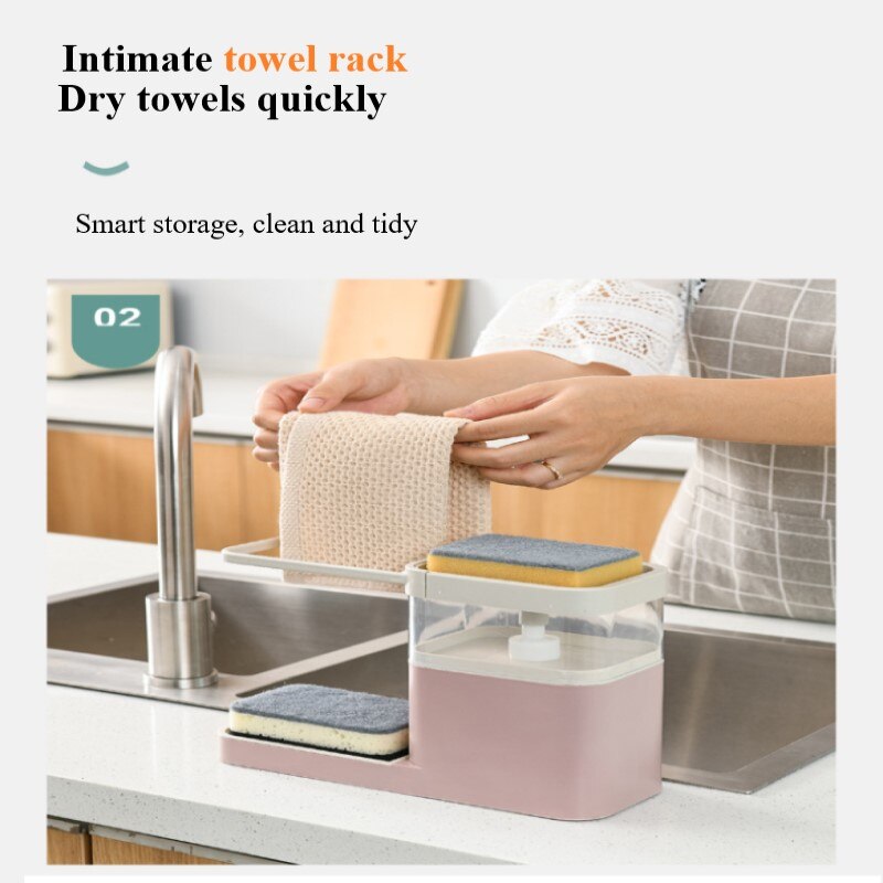 2- i -1 sæbedispenser med svampeholder 1pc håndklædestativ til håndklæde manuel presse sæbeholder køkkenrengøringsværktøj