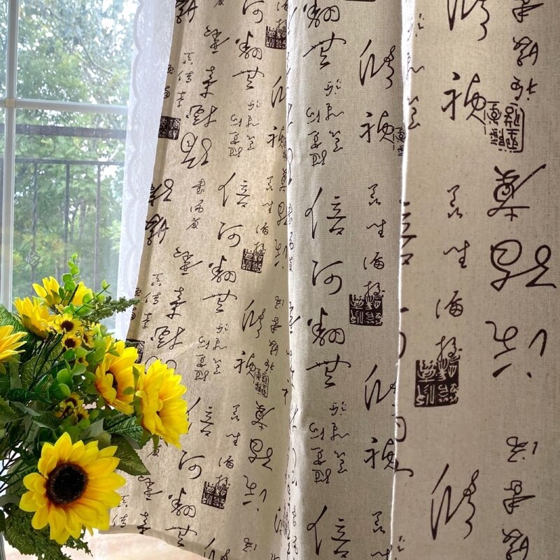 Rustic Cotton Linen Living Room Curtain Cursive Chinese Characters Beige Color Finished Curtain