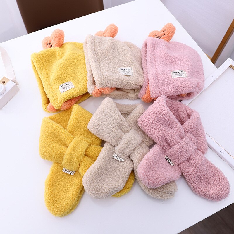 Girl's hat autumn winter ear cap children's scarf hat set foreign style baby lamb cashmere love tie up hat kids hats