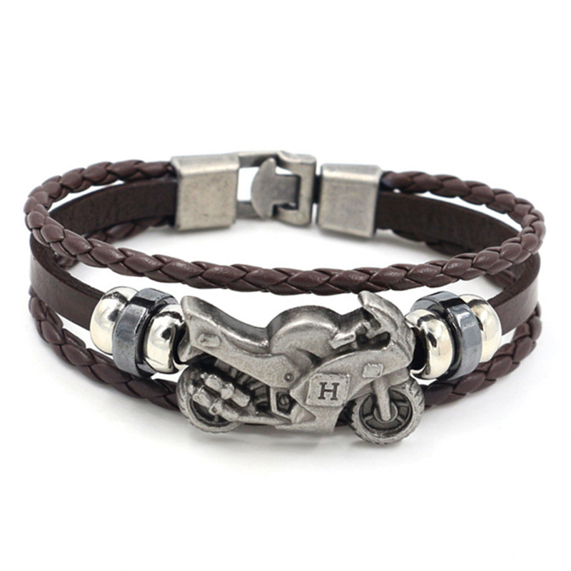 Bracciale da uomo moda retrò in pelle moto multistrato bracciale intrecciato a mano bracciale in acciaio inossidabile regalo per fidanzato