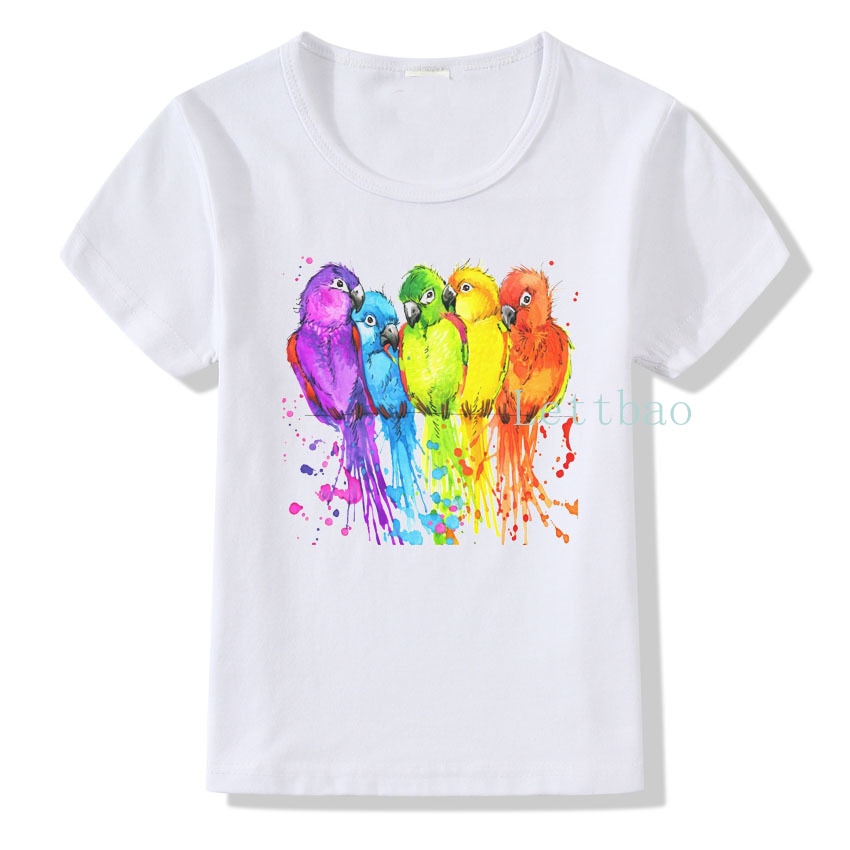 Mode Kleurrijke Papegaai Print Kinderen T-shirt Grappige Vogels Korte Mouw T-shirt Gilrs Jongens Zomer Tops Kids Kleding