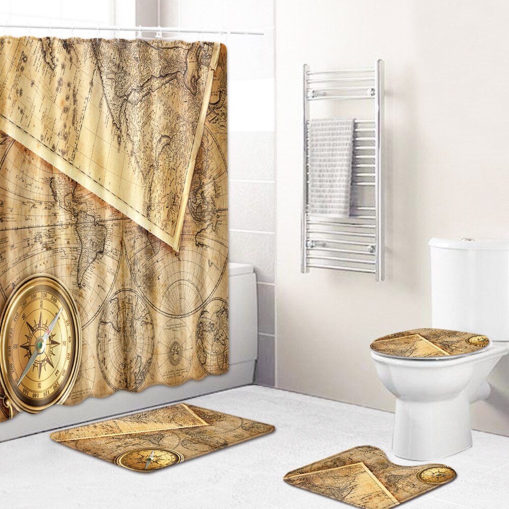 Classic World Map Pattern Shower Curtain Printing Bathroom Curtain Shower Wall-mounted Map Curtain World Map Shower Curtain: F1psc180x180cm