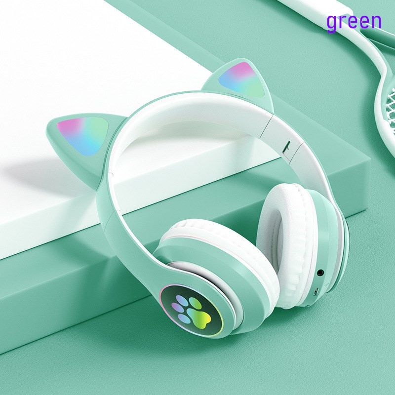 Flashing LED Cute Cat Ears Headphones Bluetooth Wireless Headset with Mic TF FM Kid Girl Stereo Music Earbud Kitten Earphon: 028-green