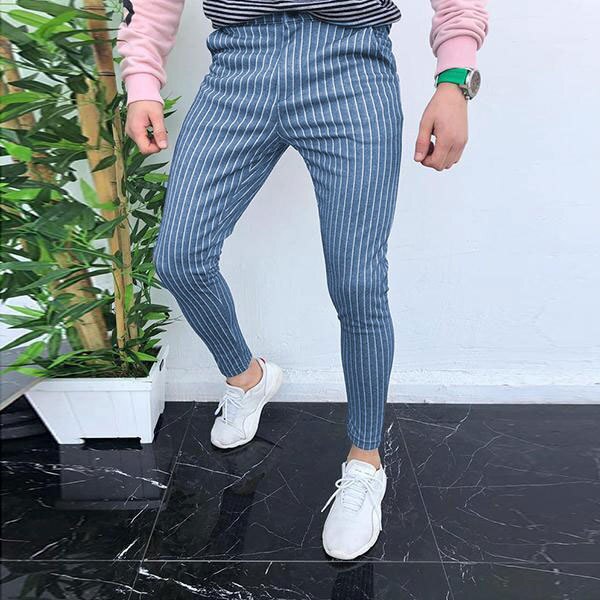 Sommer uformelle bukser plus size herre england retro kjole bukser formell stripe bukser uformelle bukse: S / Gråblå