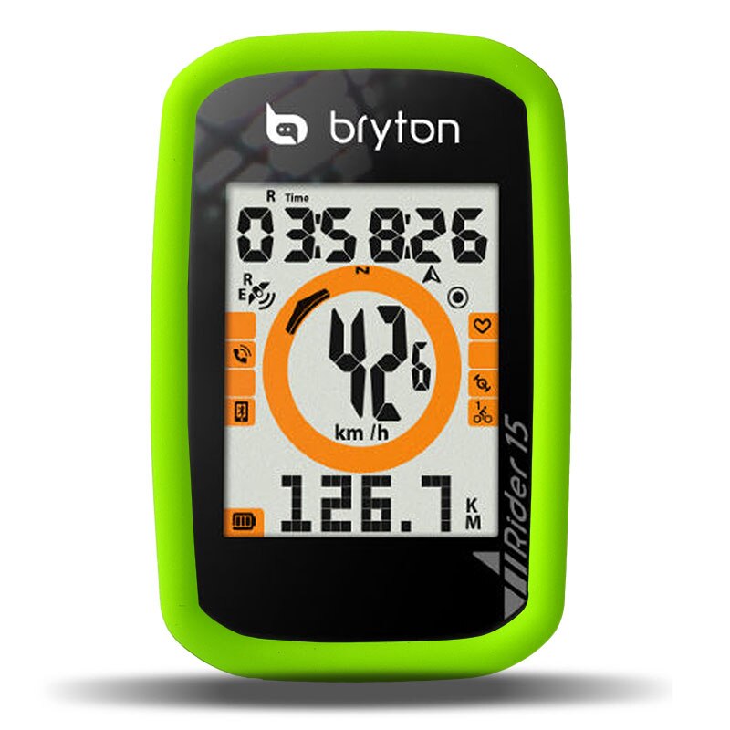 Cykelcykling  r15 computer stopur silikone gummi beskyttelsesetui smart cover med lcd-skærmfilm til bryton rider 15: Grøn kasse og film
