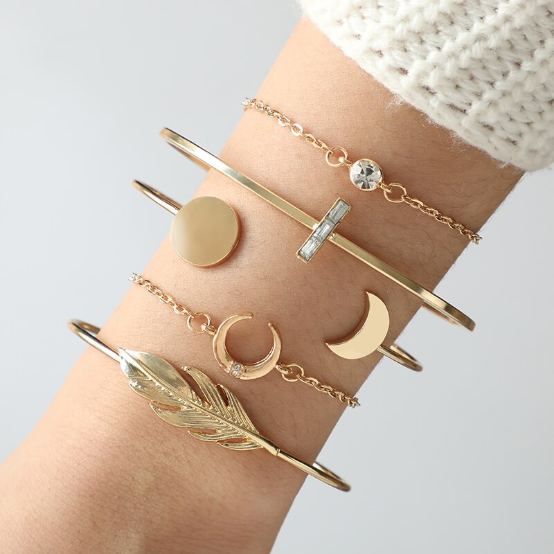 Docona Boho Goud Kleur Crystal Moon Leaf Gelaagde Bangle Set voor Vrouwen Geometrische Opening Bedels Armbanden Set Sieraden Party 6840