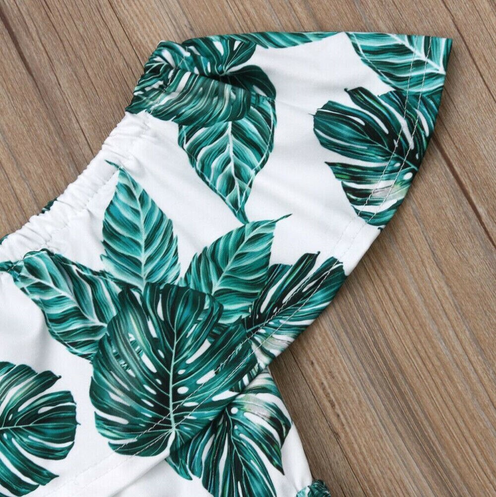 Peuter Kid Baby Meisje Zomer Off-Schouder Kleding Kind Bloem Groen Blad Afdrukken Jumpsuit Overalls Outfits