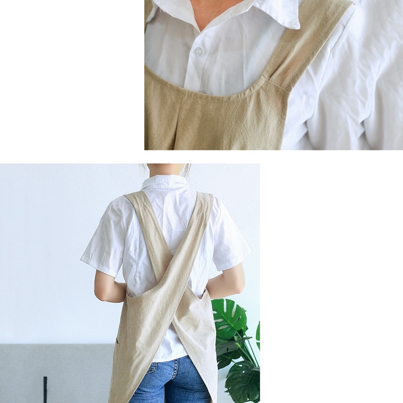 Impermeable de algodón de las mujeres de Cruz delantal japonés tareas del hogar cocina dos bolsillos delantal florista trabajo delantal