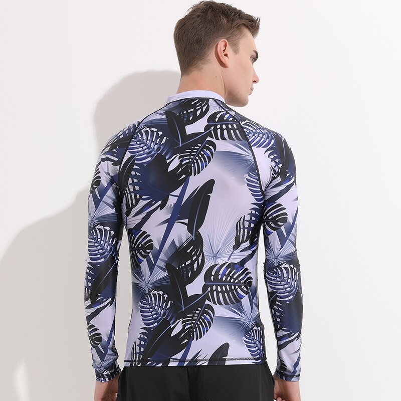 Men's Long Sleeve Zip Front Rash Guard Surf Swim Shirt Sun Protection UPF 40+ High Crew Neck Rashguard Tops UV Suits Print