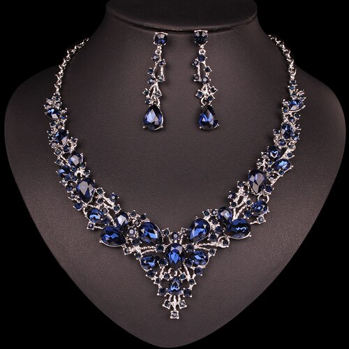 Mode Oostenrijkse Kristallen Oorbellen Ketting Set Indian Bruids Sieraden Sets Wedding Party Kostuum Accessoires voor Bruid Vrouwen: ink blue in silver
