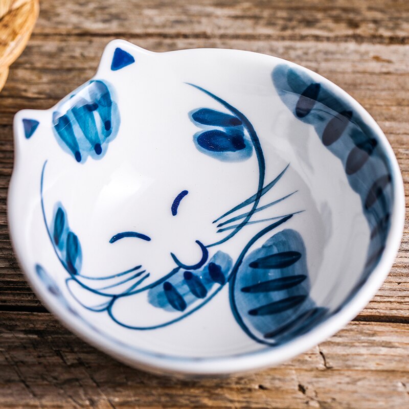 Japansk keramik tecknad katt porslin ris skål krydda maträtt minimalistisk hem hotell restaurang rund mellanmål dessert sushi tallrik