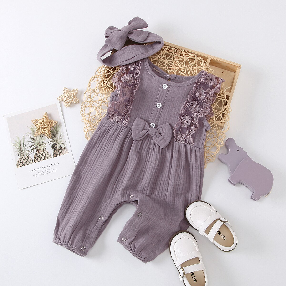 Baby Girl Cotton Linen Romper Two-piece Clothes Set Sleeveless Round Collar Jumpsuit Headdress Pink/ White/ Purple/ Green/Yellow