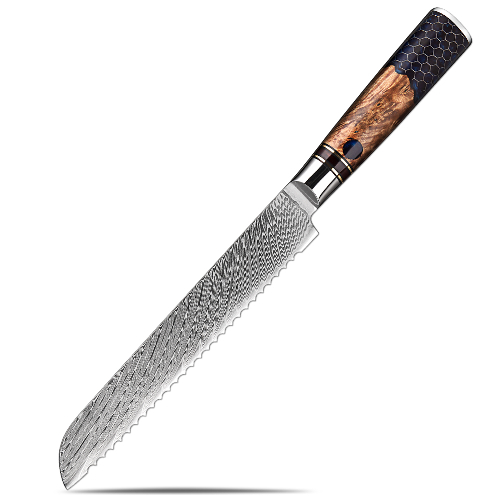 Brotmesser aus Damaststahl, 20,3 cm, professionelles Küchen-Toast-Schneidemesser, Wabenmuster, blauer Harzgriff, gezahntes Messer, Kuchenmesser