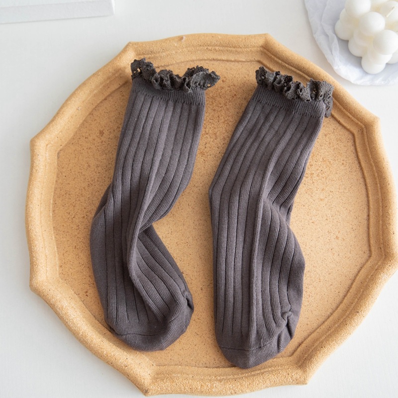 Japanese Style High School Students Loose Long Socks Solid Lacework Frilly Ruffle Socks Sweet Girls Kawaii Cute Woman Socks Sox: Dark Gray