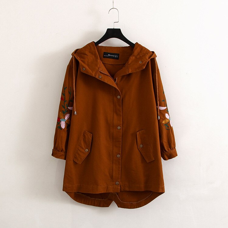 Manteau en coton et chanvre brodé pour femme, taille féminine: Marron / 3XL