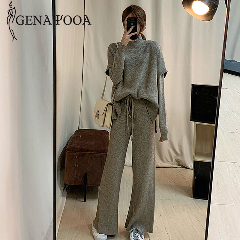 Genayooa Knitted 3 Piece Set Sweater Pants Woman Knitting Wide Leg Pants And Pullover Three Piece Suits Tracksuit Women