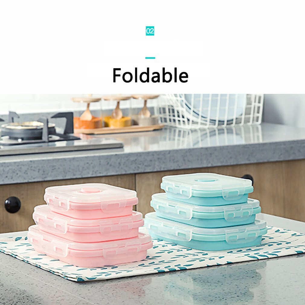 Fda 3/4 Pcs Draagbare Opvouwbare Lunchbox Vierkante Siliconen Lunchbox Magnetron Lunchbox Plastic Koelkast Hoge Temperatuur