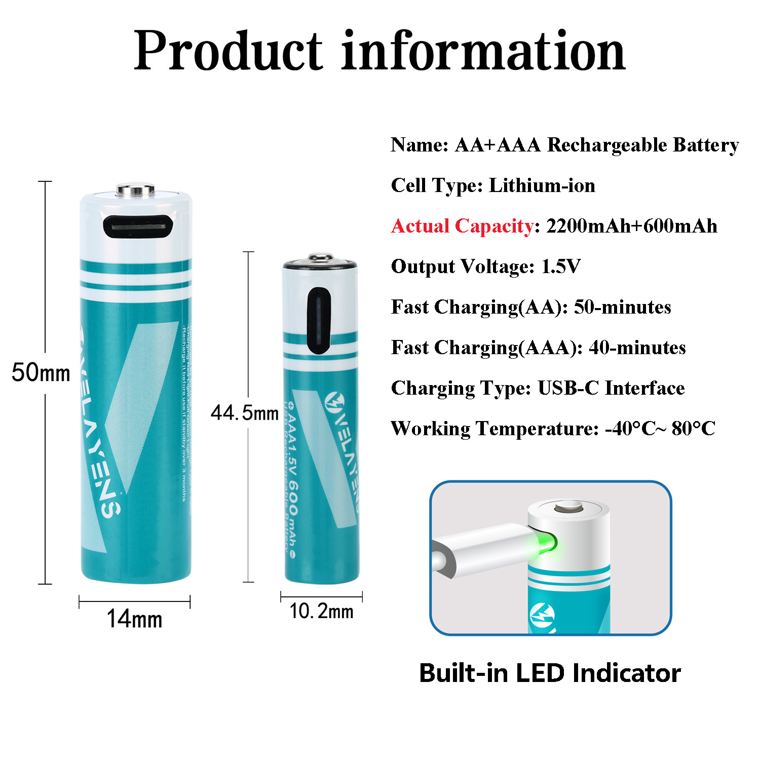 Batteria al litio ricaricabile USB da 1,5 V AA 2200 mAh + AAA 600 mAh Capacità effettiva Ricarica rapida 2000+ cicli di ricarica