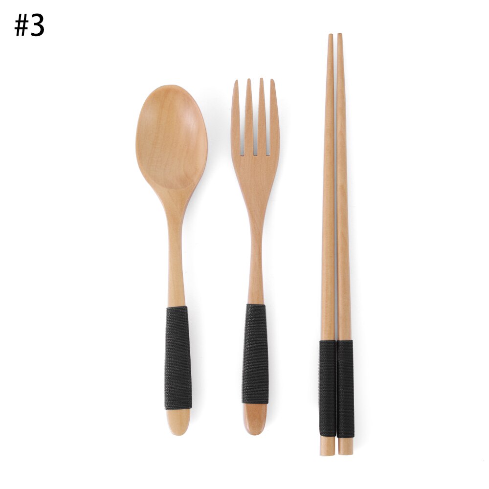 1 SET Pack Tea Scoops Desserts Fruits Serving Travel Dinnerware Suit Spoon Fork Portable Tableware Wooden Cutlery Sets Cloth Bag: No3