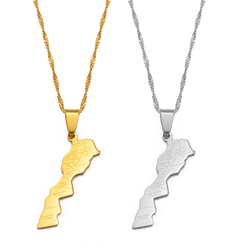 Anniyo Maroc Mappa e città Nome Collana con ciondolo Gioielli color oro per donna Uomo Mappa del Marocco @ 236721